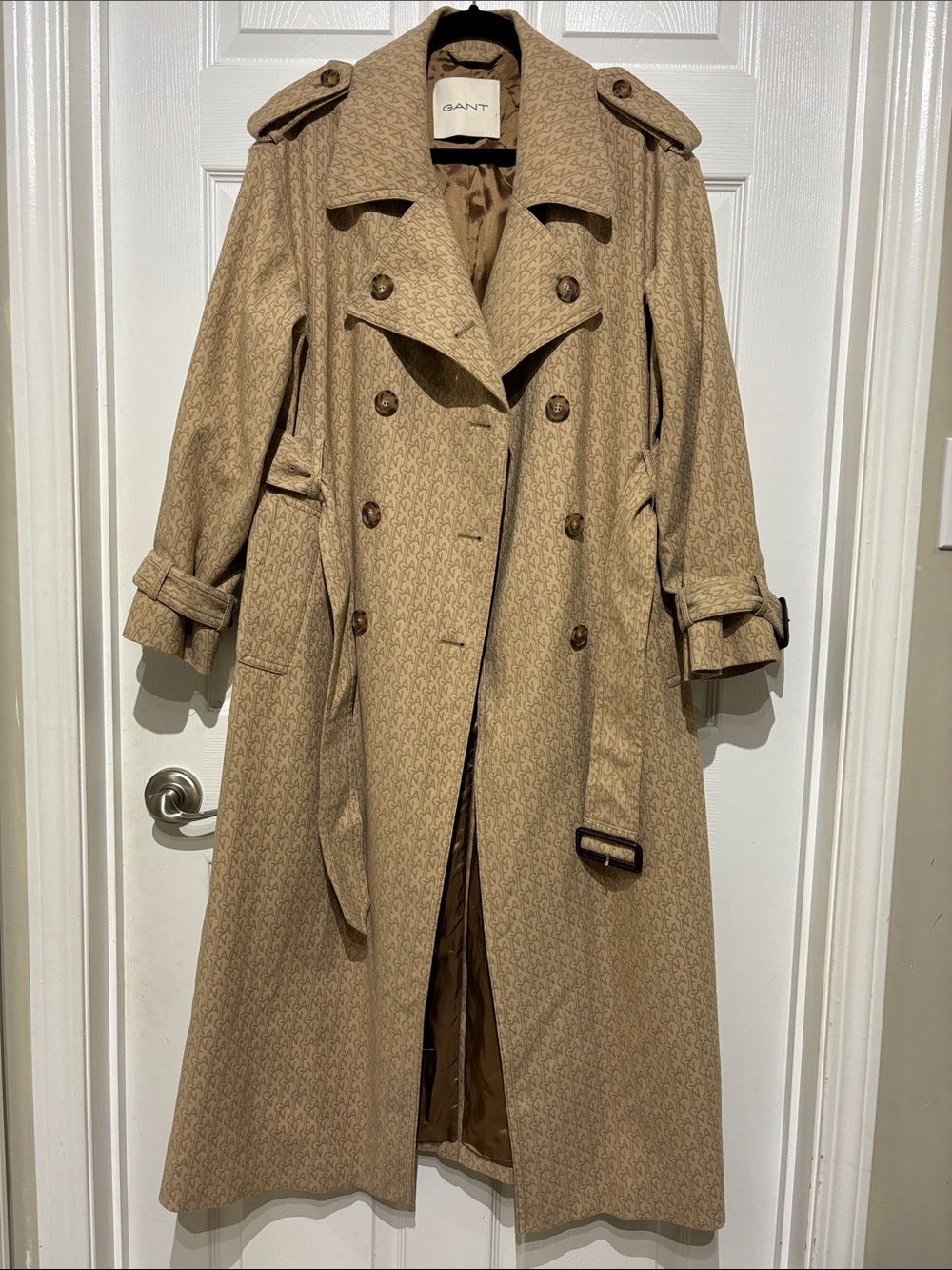 Gant Tan Double-Breasted Trench Coat with Belt